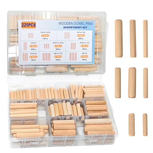 8 Values Wood Dowels Kit 1/4 3/8 5/16 Inch Fluted Wooden Dowel Pins Pegs Assortment for Furniture Woodworking DIY Crafts 225Pcs