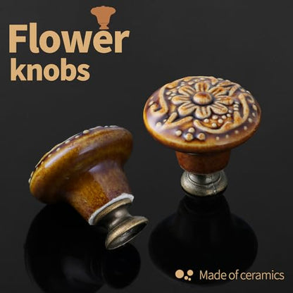 Ceramic Cabinet Knobs, Embossed Floral Design - Brown, 20pcs - color: Brown