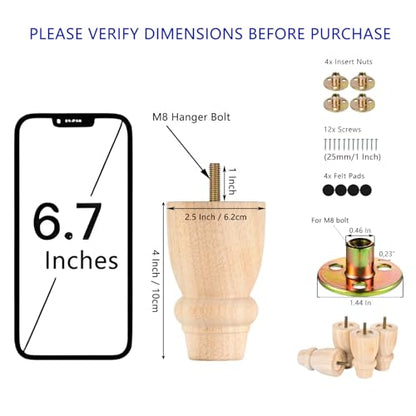 Maricome 4 inch Unfinished Bun Feet Set of 4 Predrilled M8 Bolt Turned Wood Replacement Legs for Sofa Couch Cabinet Chair Ottoman - color: 4 Inch Unfinished