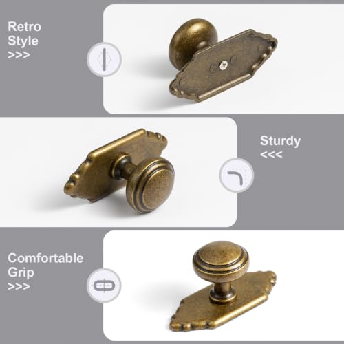 6Pack Champagne Bronze Cabinet Knobs with Backplate Drawer knobs - color: Antique Brass, style: Crown Crest