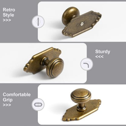 6Pack Champagne Bronze Cabinet Knobs with Backplate Drawer knobs - color: Antique Brass, style: Crown Crest