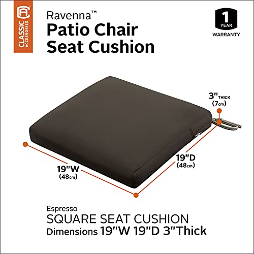 Classic Accessories Ravenna Water-Resistant 19 x 19 x 3 Inch Patio Seat Cushion, Espresso, Chair Seat Cushion - color: Espresso, size: 19"W x 19"D x 3"Thick