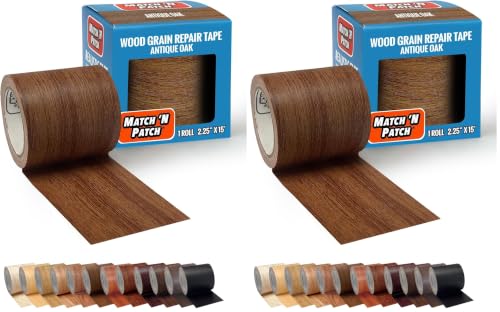 MATCH 'N PATCH Wood Grain Repair Tape - Antique Oak, 2.25 in x 15 ft (2-Pack) – Wood Grain Colored Duct Tape for Mirror Frame, Trim, Borders, Floor and Other Furniture, Scratch Repair Kit - color: Antique Oak, size: 2.25" x 15' (Pack of 2)