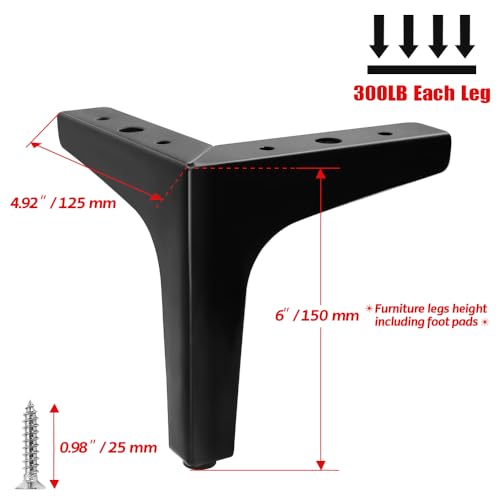 4 Pack 4 Inch Furniture Legs, Chrome Metal Polished Triangle Feet - color: Matte Black, size: 6 inches, 4 Pcs