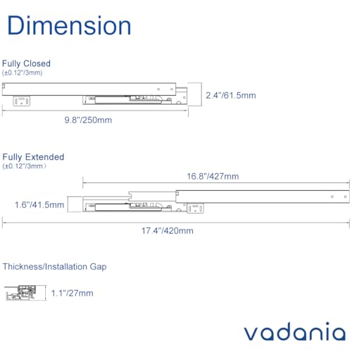 VADANIA #BK54 10" Undermount Drawer Slide, Soft Close - size: 10 Inch, style: Soft Close