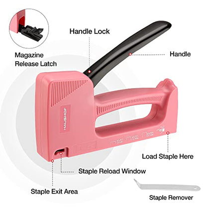 HAUSHOF Light Duty Staple Gun with 800-Count JT21 Staples & Stapler Remover - color: Pink