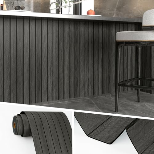 Wallercity 3D Gray/Black Wood Panels for Walls Self Adhesive Wood Slat Wall Paneling for Bedroom Bathroom Thick Peel and Stick Flexible Wooden Wall Panel for Living Room Ceiling 11.8''x118'' - color: Black1/Gray, size: 11.8" x 118"
