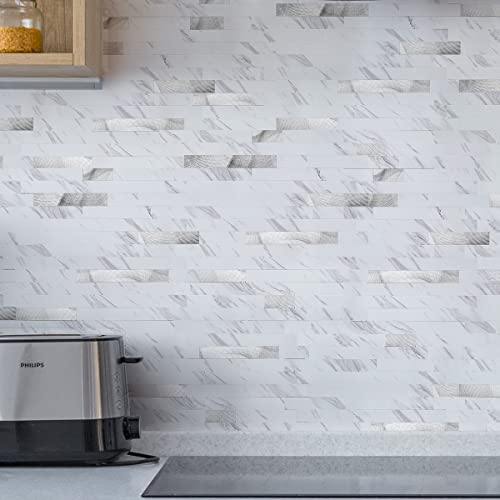 Art3d Faux Stone Peel & Stick Backsplash Tile, 10 pcs, Plain White Marble - color: White Slate with Silver Studded, size: 13.4" x 11.8"