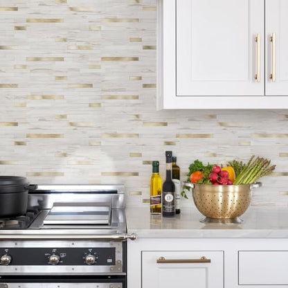 STICKGOO 20 Sheets Peel and Stick Backsplash Tile, Stick on Backsplash for Kitchen and Bathroom, Glossy Eurasian Wood Grain PVC Mixed Metal Gold Self Adhesive Wall Tiles - color: Glossy Eurasian Wood Grain + Metal Gold