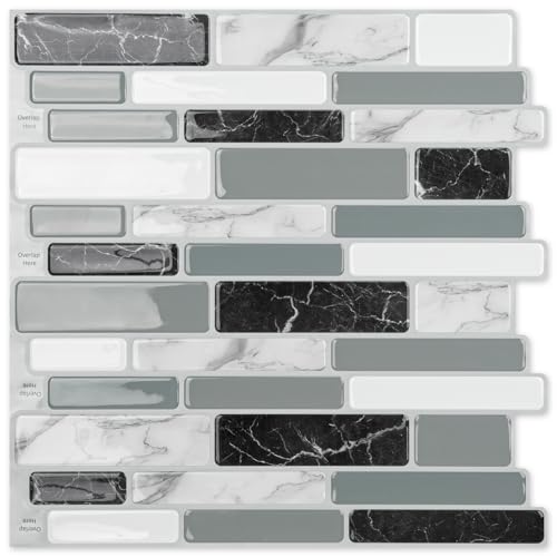Art3d 6-Pack Peel and Stick Backsplash Wall Tile, 12 x 12 Inch, Marble Grey - color: Light Grey