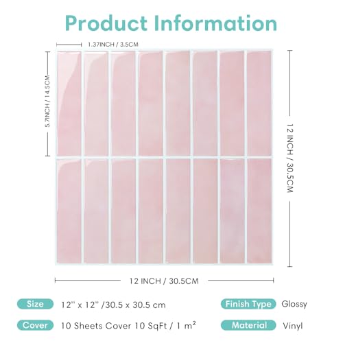 Commomy Pink Peel and Stick Tile - 10 Pcs of 12" x 12" - color: Pink & Glossy Surface