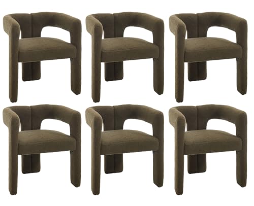 EALSON Modern Barrel Dining Chairs Set of 6 Upholstered Boucle Kitchen Chairs with Open Back and Arms Comfortable Sherpa Accent Chairs Side Chairs for Dining Room/Living Room, Green - color: Green, size: 6 PCS