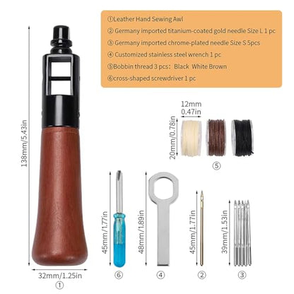 WUTA Repair Stitch Kit Leathercraft Stitch Awl Tool with 10Pcs Small Chrome-Plated Needle, for Leather, Belt, Canvas, Fabric, Bag Repair Professional Stitcher Leather Craft Tool - style: Set F (Stitch Awl Kit+10Pcs Small Silver Chrome-plated needle)