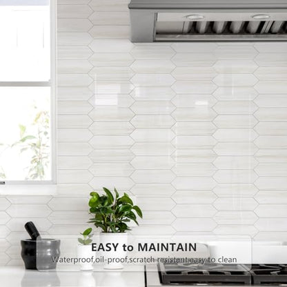 Vamos Tile Glossy Dolomite White Backsplash Tile Peel and Stick, 12.8 x 12.8 Inch 10 Sheets Long Hexagon PVC Self Adhesive Mosaic Wall Tiles Stick on Backsplash for Kitchen and Bathroom - color: Glossy Dolomite White