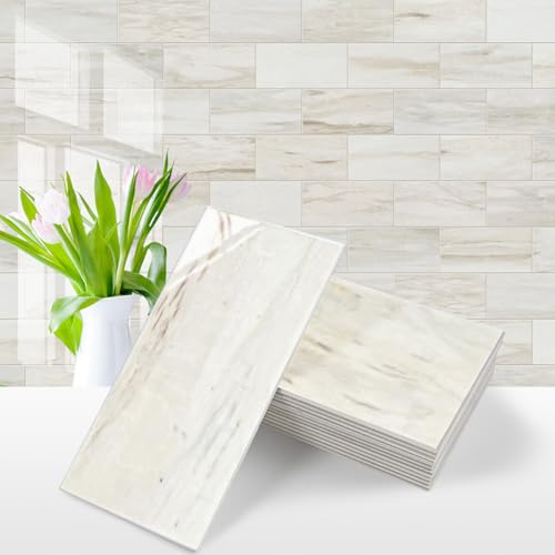 Vamos Tile 100-Piece Glossy Wooden Marble Grain Peel and Stick Backsplash Tile,3''x6'' PVC Subway Tile with White Grout, Stick on Backsplash for Kitchen/Bathroom/Fireplace - color: Wooden Marble Grain