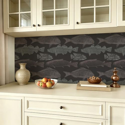 Peel and Stick Wallpaper, Dark Background Fish Sketch Pattern, 236in x 17.7in, Waterproof Vinyl, Removable Reusable, Eco-Friendly, for Bedroom Living Room Rental Apartment - color: Green04, size: 17.7" x 236.2"