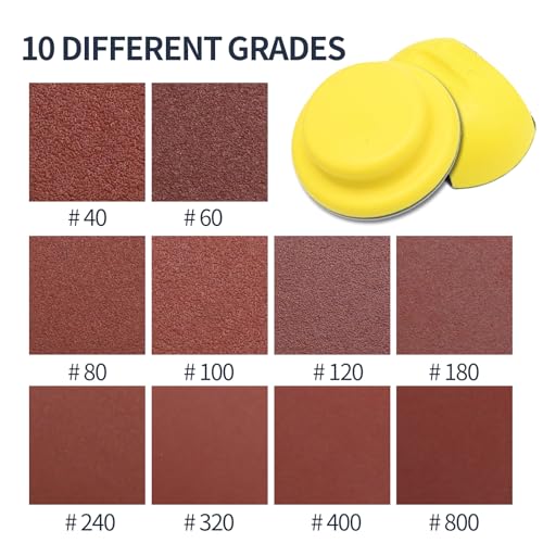 Anxingo 60Pcs 5" Round Hand Sanding Discs Kit with Mouse Hand Sanding Pads for Wood Working Furniture Restoration (40 60 80 100 120 180 240 320 400 800 Grits)