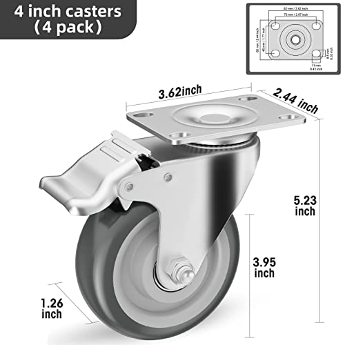 4" Swivel Plate Casters with Brake - Set of 4 - color: Grey, size: 4 inch