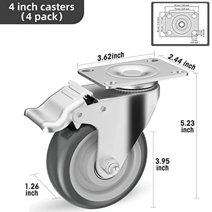 4" Swivel Plate Casters with Brake - Set of 4 - color: Grey, size: 4 inch