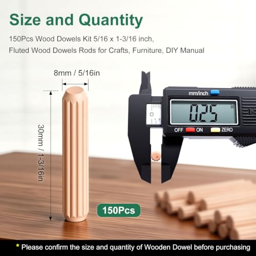 150Pcs Wood Dowels Kit 5/16 x 1-3/16 inch, Wooden Dowel Pins, Fluted Wood Dowels Rods for Crafts, Furniture, DIY Manual - size: 5/16" x 1-3/16"