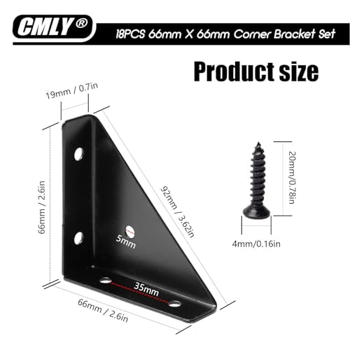 Corner Brace Brackets, 18Pcs 66mm x 66mm Black Corner Braces for Wood - size: Large, style: 18-Pack