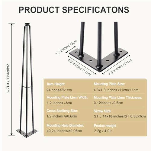 4 Pack 24 Inch Hairpin Table Legs, 3 Rods, Black, 1300 Lbs Load Capacity - size: 24IN