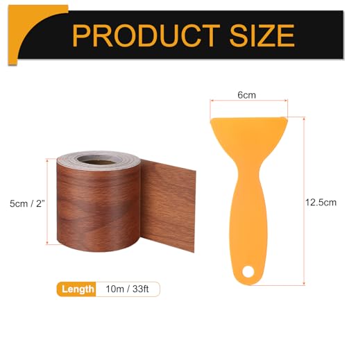 Wood Grain Repair Tape 2 Inch x 33ft Self Adhesive Repair Patch Tape Simulated Wooden Floor Tapes with Plastic Scraper for Tables Doors Windows Furniture, Bright Brown Wood