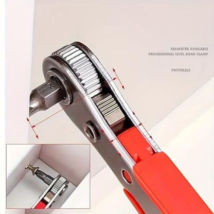 Steel Screwdriver, Suitable For Confined Spaces, Motorless, Red Right-Angle Tool With Ratchet Forward/Backward Function