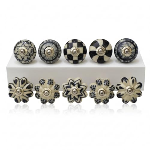 Ceramic Knobs: Cabinet & Furniture Knobs, Black & White, 6 x 3.8 cm, Set of 10, Glossy Finish, Hand-Painted, Traditional Style - color: cute_f, size: 6 x 3.8 cm (Set of 10)