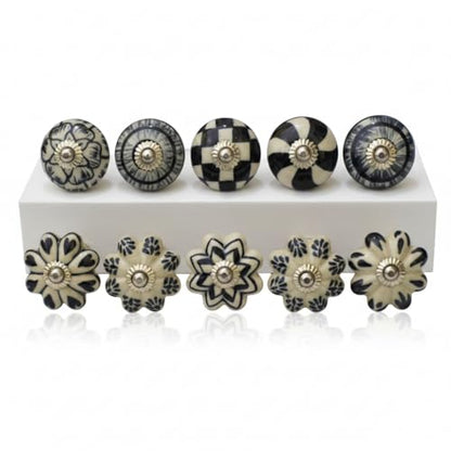Ceramic Knobs: Cabinet & Furniture Knobs, Black & White, 6 x 3.8 cm, Set of 10, Glossy Finish, Hand-Painted, Traditional Style - color: cute_f, size: 6 x 3.8 cm (Set of 10)