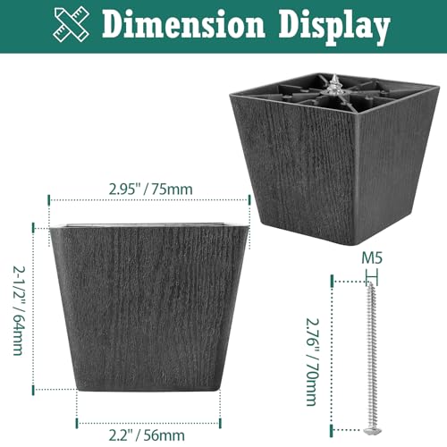 Plastic Couch Legs 2-1/2 inch, Screw-In Square Furniture Legs - Black, 4pcs - size: 2-1/2 Inch