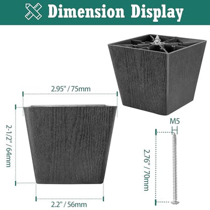 Plastic Couch Legs 2-1/2 inch, Screw-In Square Furniture Legs - Black, 4pcs - size: 2-1/2 Inch