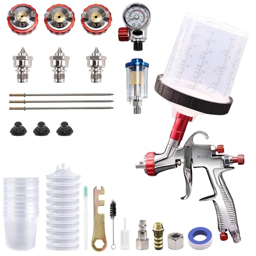 R500 LVLP Spray Gun with 600ml Mixing Cup & 10 Disposable Cups, 1.3/1.5/1.7mm Nozzles, Professional Automotive Paint Gun for Car, Furniture, House Painting, Fence, Varnish & Top Coat