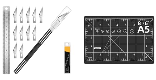 DIYSELF 1 Pcs Craft Knife Hobby Knife with 11 Pcs Stainless Steel Blades Kit and Black Cutting Mat 6in×8in (Black)