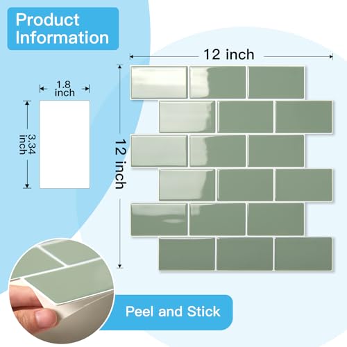 Art3d 10-Pack Subway Tiles Peel and Stick Backsplash, Teal, 12 x 12 Inch - color: Teal