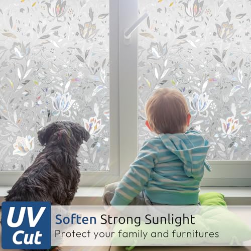 rabbitgoo Window Privacy Film, Stained Glass Cling, Tulip 17.5" x 118.1" - color: Clear, size: 17.5" x 118.1"