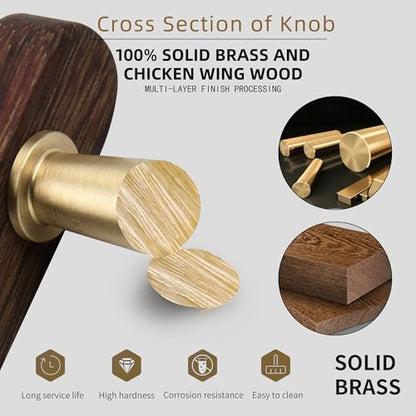 SALISENG-Solid Brass and Wooden Kitchen Cabinet Pulls, 5 Pack 3-3/4 Inch Brass Dresser Drawer Handles, Modern Furniture Hardware Pulls for Bathroom Bedroom Living Cabinets - size: 3-3/4 Inch Hole Centers