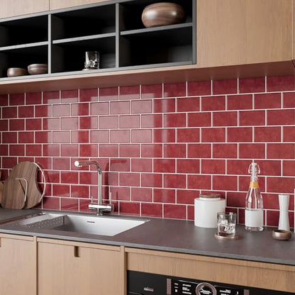 VEELIKE 12 Sheet Retro Red Peel and Stick Backsplash for Kitchen Subway Tile Backsplash Peel and Stick for Kitchen Wall Bathroom Waterproof Removable Red Ceramic Tile Sticker for Backsplash 12''x12'' - size: Box of 12 Tiles