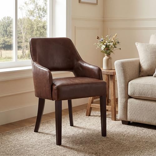 chairus Farmhouse Dining Chairs with Arms Set of 4, Brown PU Leather Upholstered Kitchen & Dining Room Chairs, Curved Open Back Chairs with Walnut Solid Wood Legs & Thick Cushion, Brown - color: Brown