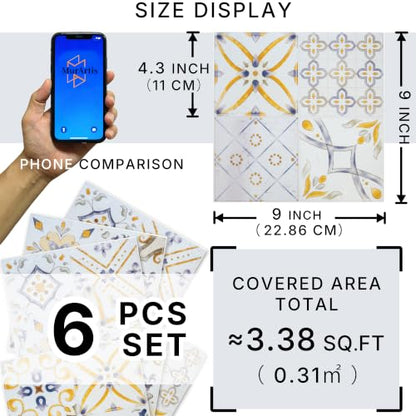 Peel and Stick Tile Stickers, 6 Sheets 9 x 9 Inch Waterproof Vinyl Tile Decals, Mediterranean Boho Self Adhesive Backsplash Stickers for Kitchen, Bathroom, Fireplace, RV - color: Bold Blue, Gold & White