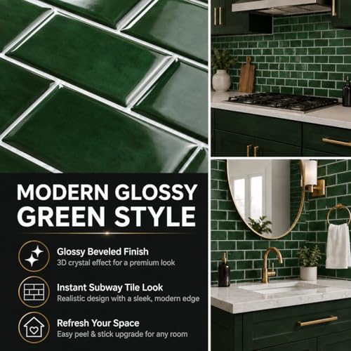 Zimtty Green Peel and Stick Backsplash Tile, 10 Sheets 12 x 12 Inch Self Adhesive 3D Wall Panels, Thick Subway Tile Stick on Wall Panels for Kitchen, Bathroom, RV, Fireplace - color: Green