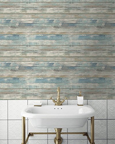RoomMates Blue Distressed Wood Peel and Stick Wallpaper - color: Blue