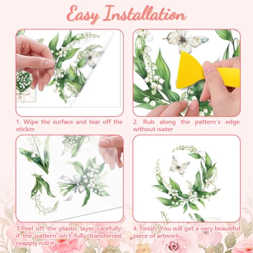Peacoblue Rub on Transfer Decal Sticker for Furniture Craft Decor 6"x12" Lily of The Valley, 3Pcs Waterproof UV DTF Transfer for Drawer Dresser Glass Porcelain Wood Plastic - style: Lily of The Valley