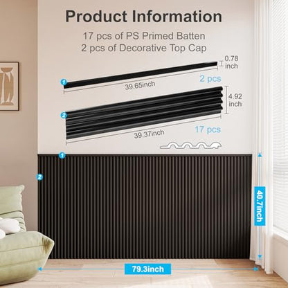 Art3d 79.3 x 40.7 Inch Beaded Wainscoting Wall Panel, 22.38 sq.ft, Black - color: Black, size: 79.3"x40.7"