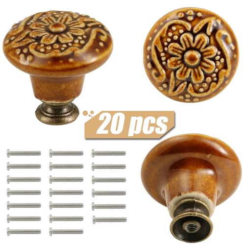 Ceramic Cabinet Knobs, Embossed Floral Design - Brown, 20pcs - color: Brown