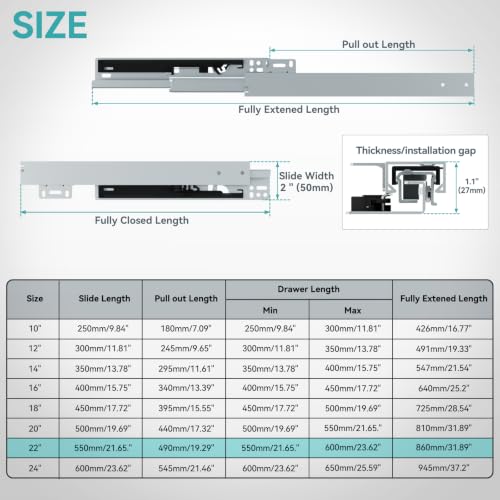 22 Inch Bottom Mount Soft Close Drawer Slides, 88 lbs Capacity - size: 22 Inch