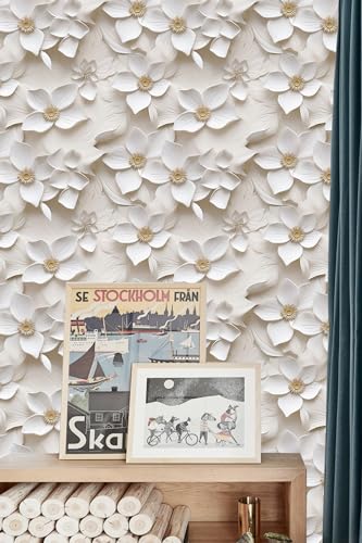 Peel and Stick Wallpaper Cream White Floral Small Art Deco - color: Cream&yellow, size: 17.7" x 78.7"
