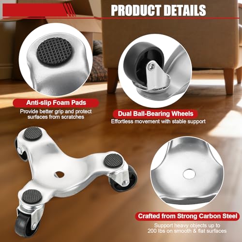 Set of 4 Steel Tri Dolly Caster, 800lbs 3 Wheel Furniture Mover Dolly, Heavy Duty Furniture Mover’s Rollers Smoothly for Moving Cabinet, Table, Appliances, 6 Inch
