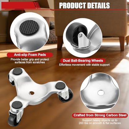 Set of 4 Steel Tri Dolly Caster, 800lbs 3 Wheel Furniture Mover Dolly, Heavy Duty Furniture Mover’s Rollers Smoothly for Moving Cabinet, Table, Appliances, 6 Inch