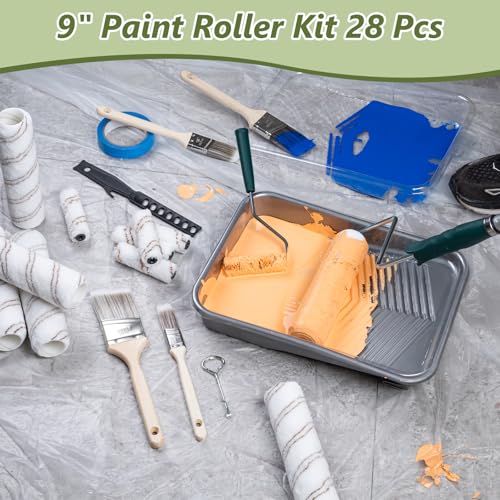 Mister Rui 28 Pack Paint Roller Kit with Extension Pole - size: 28 Pack 9 Inch Paint Roller Kit & Extension Pole
